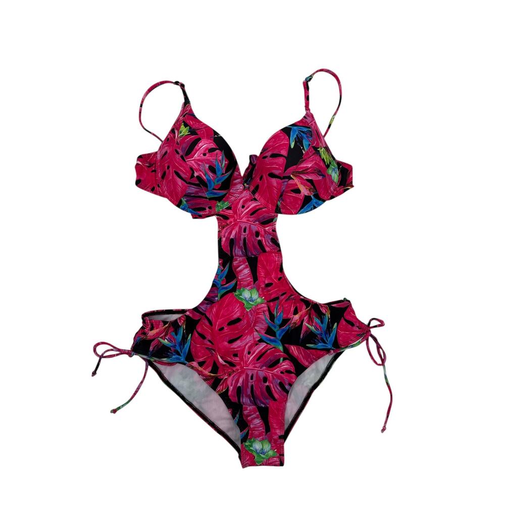 Make Me Chic Women's Medium One Piece Cut Out Bikini Tropical Printed Pink Blue
